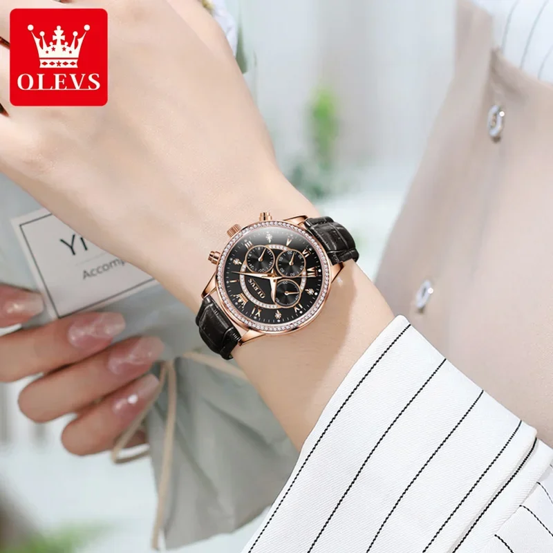 OLEVS Women's Watches Fashion Elegant Diamond Bezel Original Watch for Ladies Soft Leather Strap Waterproof Luminous Chronograph
