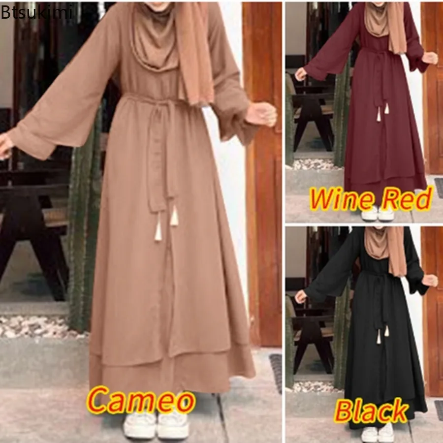 

Muslim Fashion Long Dresses for Women Literary Vintage Abaya Casual Loose O-neck Lace-up Dress Dubai Kaftan Robe Elegante Femme