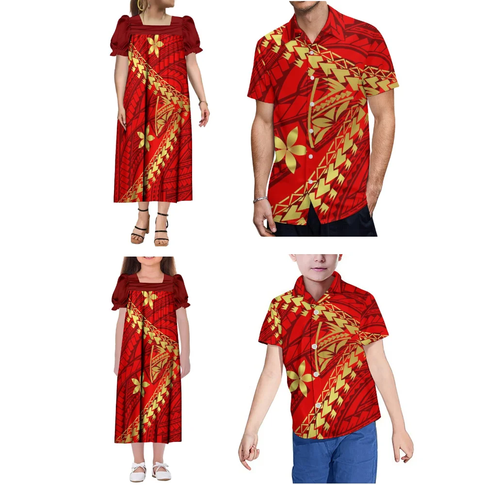 

Polynesian Tribal Print Pattern Mother-Daughter Mumu Dress And Father-Son Casual Shirt Custom-Made Family Wear