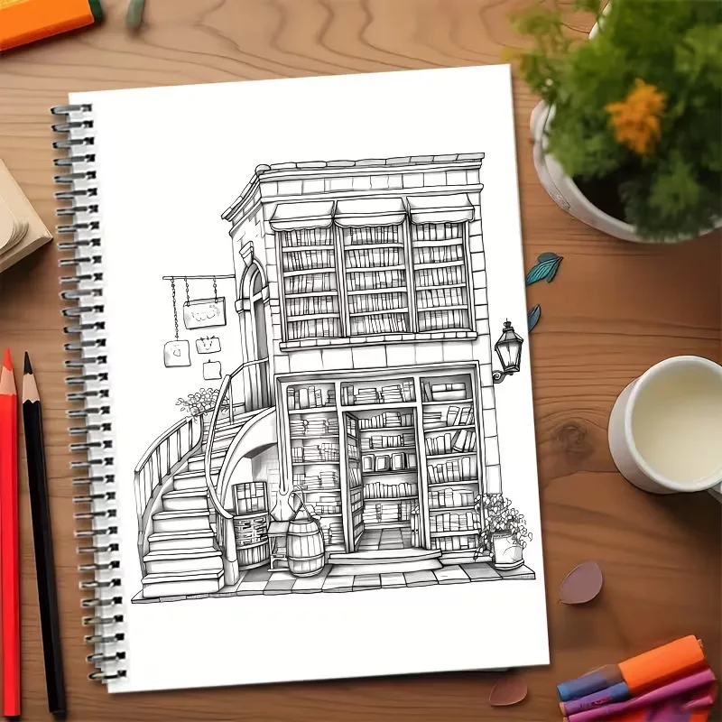 A4 Bookstores Storefronts Coloring Book 24 Pages Charming Shop Illustrations for Adults Stress Relief Art Gift