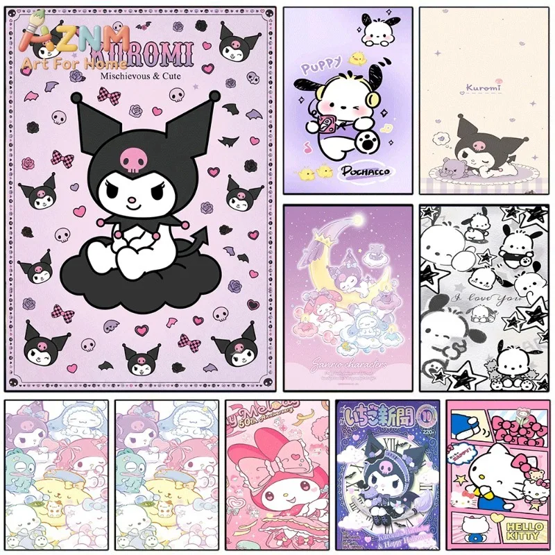 Sanrio Kuromi Canvas Wall Art Unframed Print Cloud Heart Rose Cartoon Poster for Bedroom Dorm Home Interior Wall Decor Art Pictu