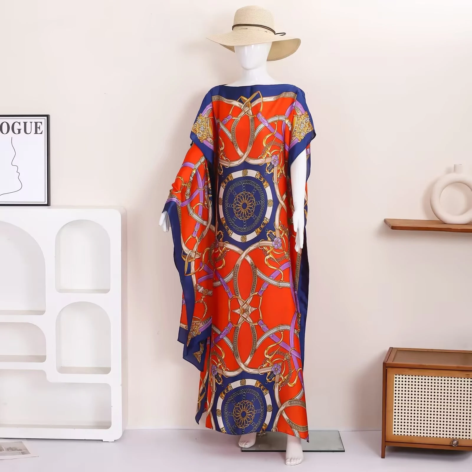

1J piece retro chain print satin robe women's loose bat sleeve holiday beach blouse long casual dress