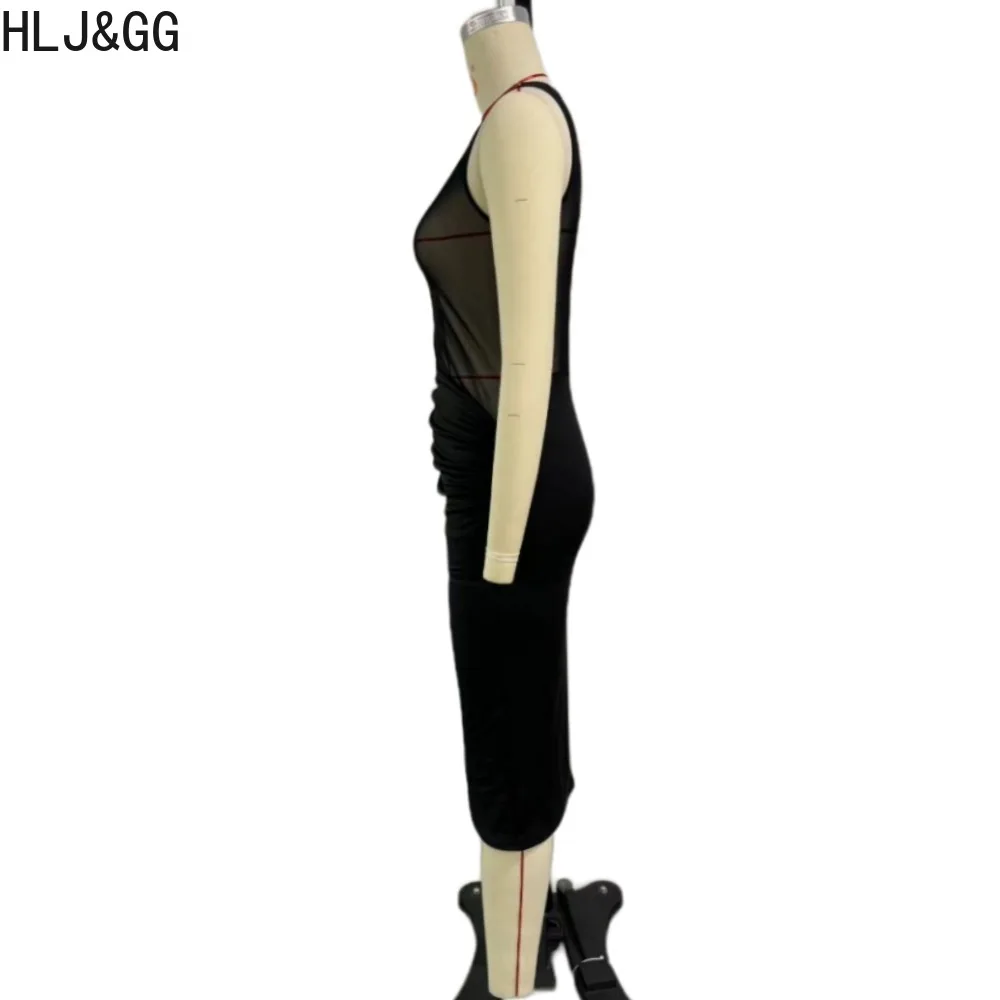 Hlj & gg schwarz sexy Mesh Mesh Spleißen Perspektive geraffte Kleider Frauen Rundhals ausschnitt ärmellose Bodycon Vestidos elegante Dame Kleidung