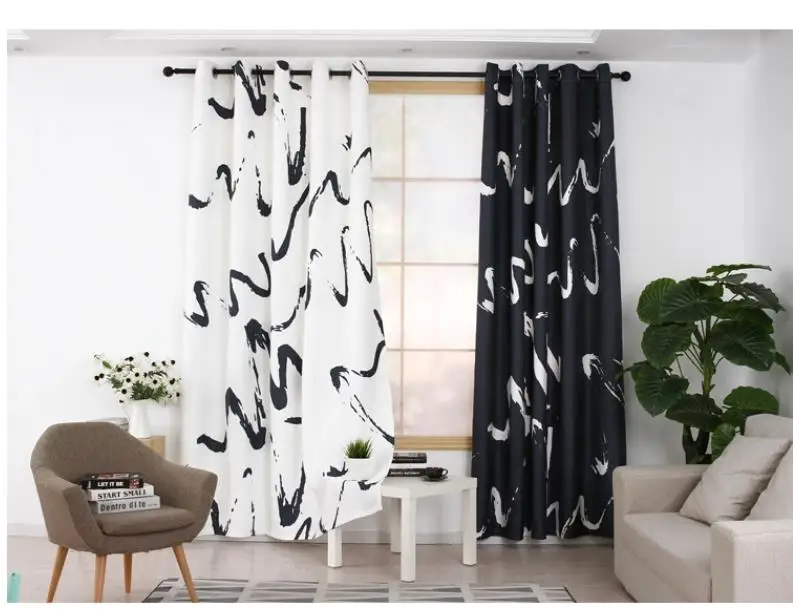 Customized curtains black and white simple wind hook perforated curtain cloth bedroom living room study personality shading