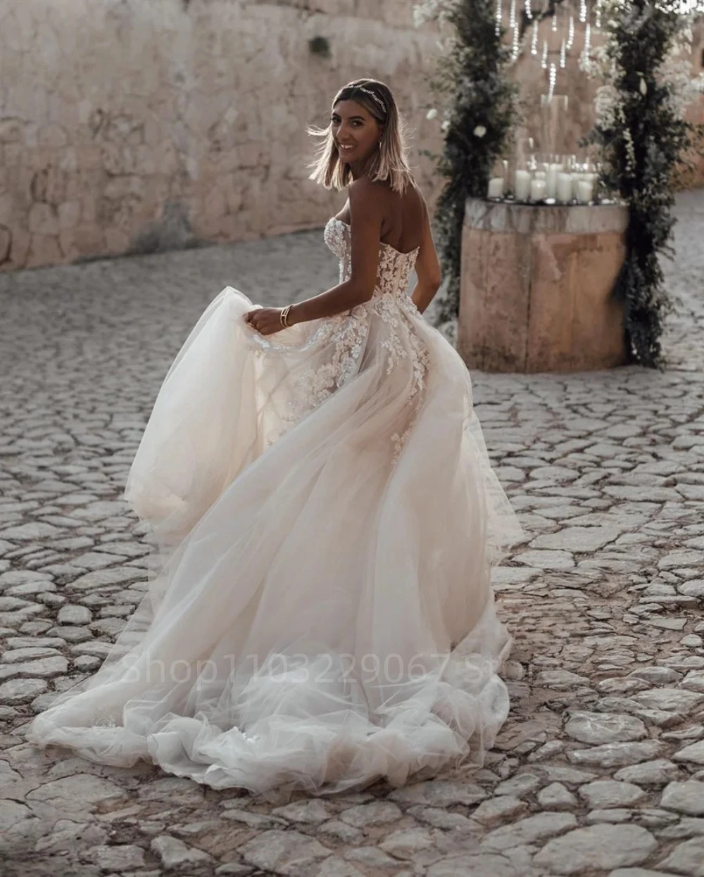 Vestido de novia de encaje sin tirantes, traje impresionante hasta el suelo, línea A, 2024