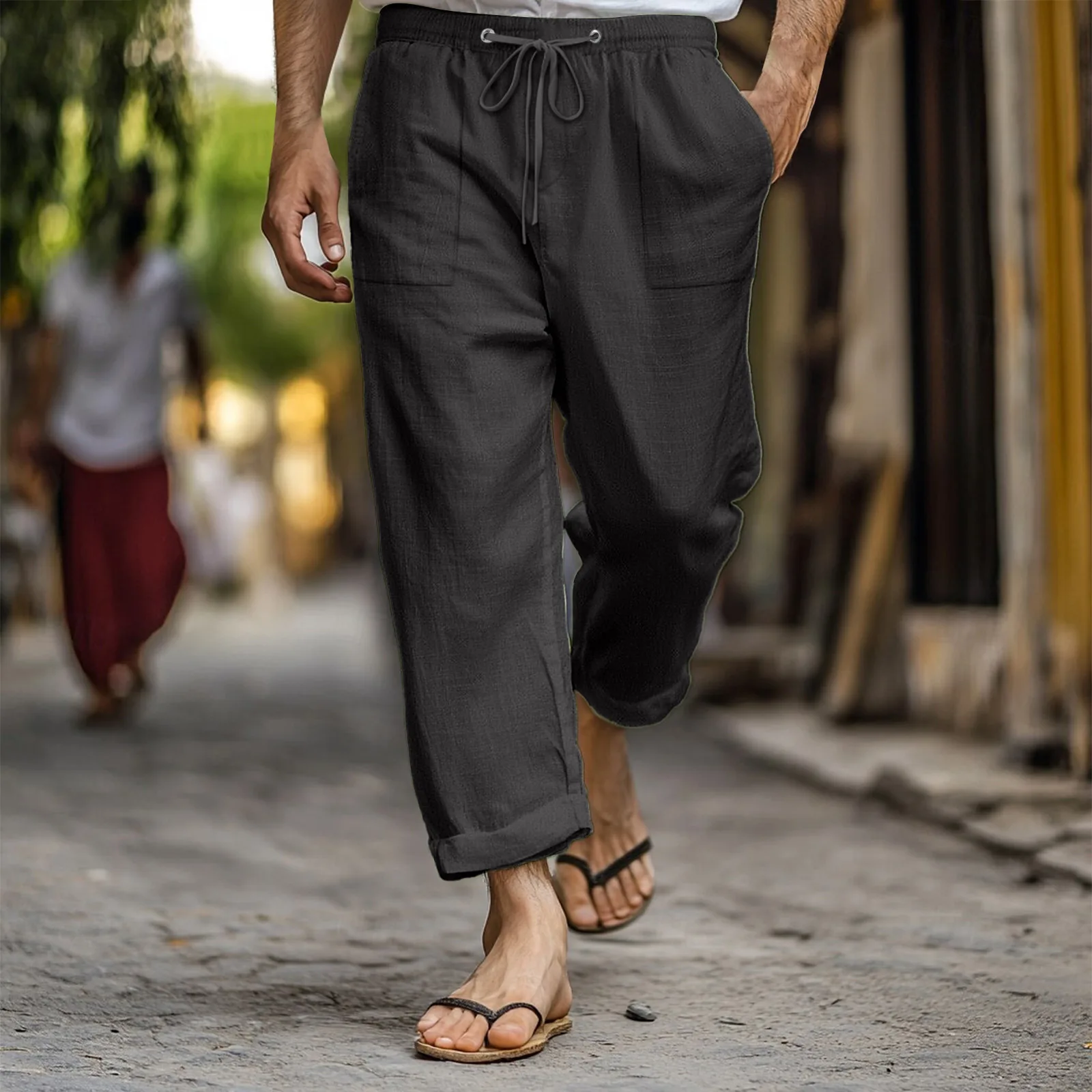 Summer Men's Cotton And Linen Multi-pocket Drawstring Fashion Casual Sports Trousers