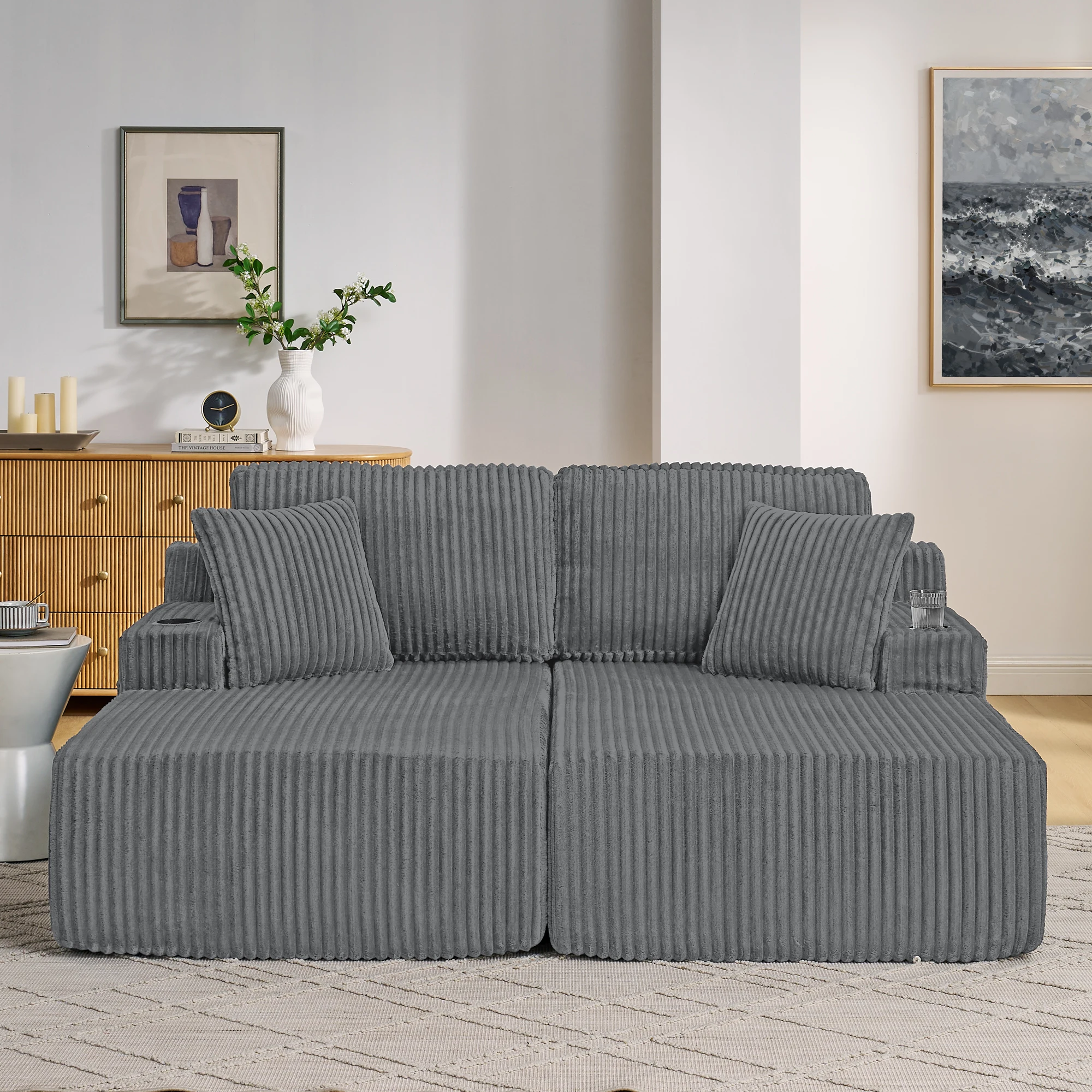 Sofá cama convertible de 2 plazas: con bolsillo lateral, portavasos, sin estructura, terciopelo acanalado - Gris