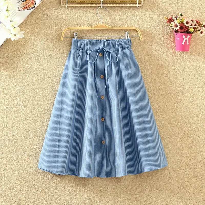 

New Women High Waist Skirt Casual Striped Bow Denim Women Solid Color Long Skirt Female Elegant Big Hem Casual Button Jean Skirt