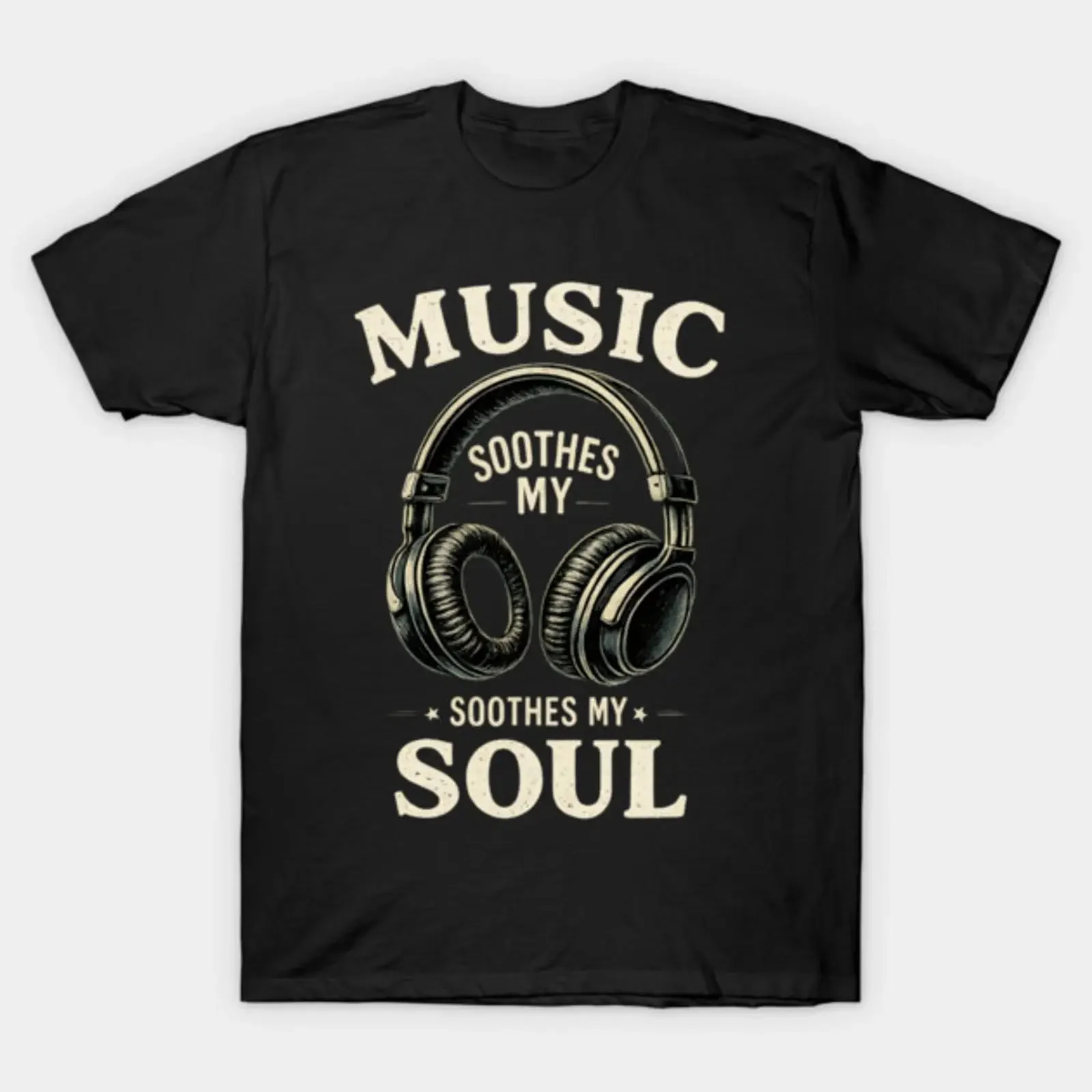Music Soothes My Soul Vintage Headphones Retro Sound Art T Shirt vintage Washed graphic Top For Everyday Wear Stretched Stylish