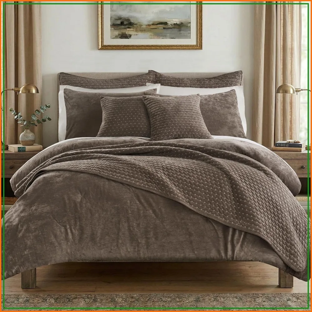 Velvet Stitch Cocoa Twin Comforter Set with Standard Sham, Plush Polyester