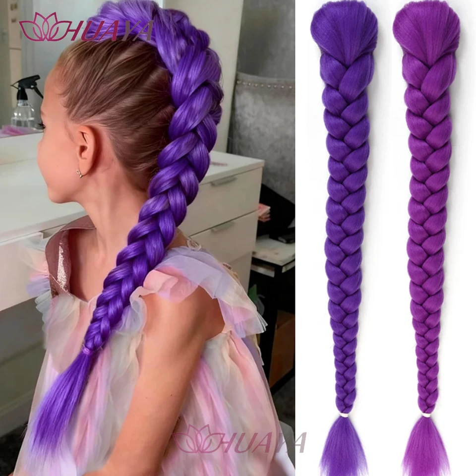 Synthetic Braided Purple Hair Ponytail Costume Hairstyle 26inch Long Ponytail with Clips for Kids Girls Halloween Christmas