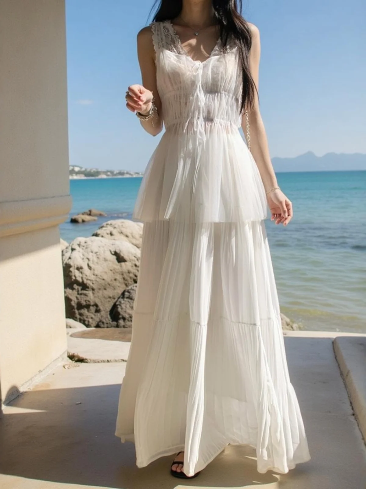 

White Lace Pleated A-Line Skirt Set Women's Long Spring New Sle Two-Piece High Waist Commute Korean Sle Cake Skirt