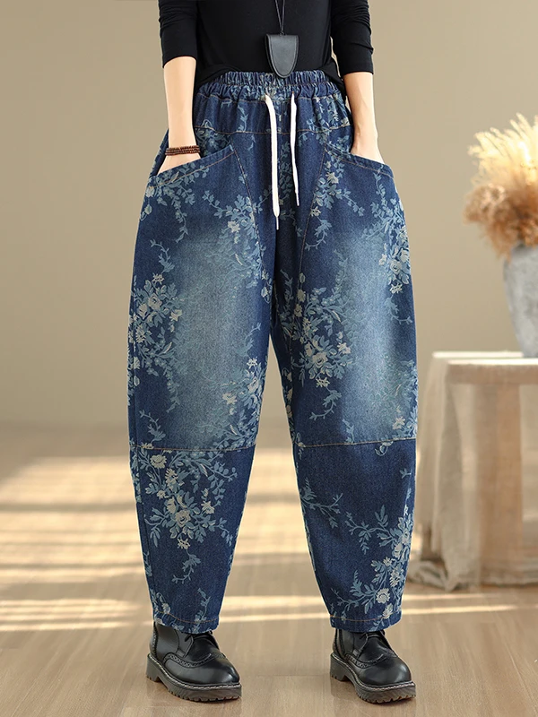 

Spring 2026 Women's Casual Vintage Loose Large Size Printed Rope Harlan Pants Comfortable Breathable Cotton Wide Leg Jeans