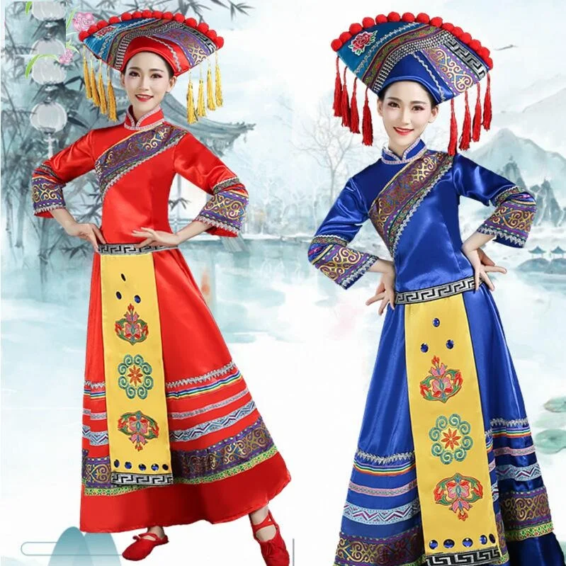 

New Guangxi Zhuang national ethnic minority adult Dance Costume women March 3 hat+skirt+jacket group dance performance Costume