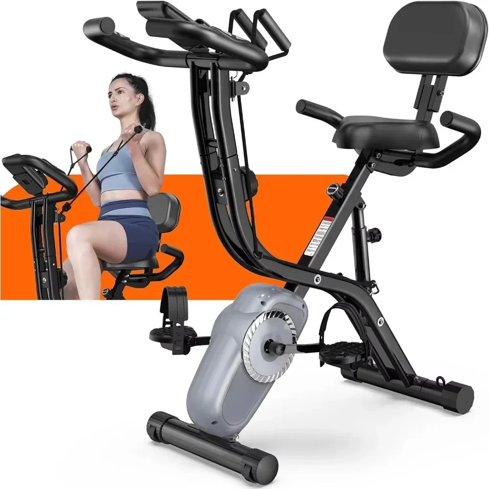 Folding Exercise Bike Magnetic Resistance, 8-Level Resistance Adjustment, LCD Display, Heart Rate Sensor, 330LB Capacity