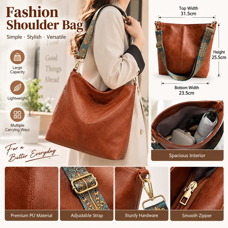 Vintage Solid Color Bucket Bag Wide Strap Crossbody Bag Large Capacity Women Daily Shoulder Handbag
