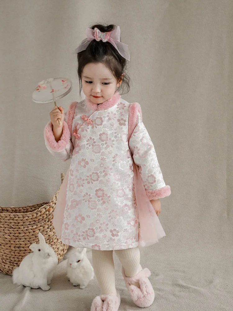 Girls Chinese style cheongsam dress warm 2024 autumn winter children's full print jacquard plus The velvet skirt is thick