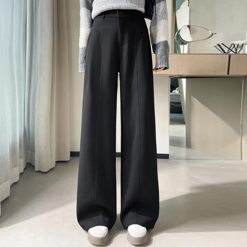 ارتفاع الخصر النساء السراويل الخريف الشتاء السراويل الصوفية مرونة الخصر فضفاضة بنطال ذو قصة أرجل واسعة عادية السراويل الطويلة فام #5