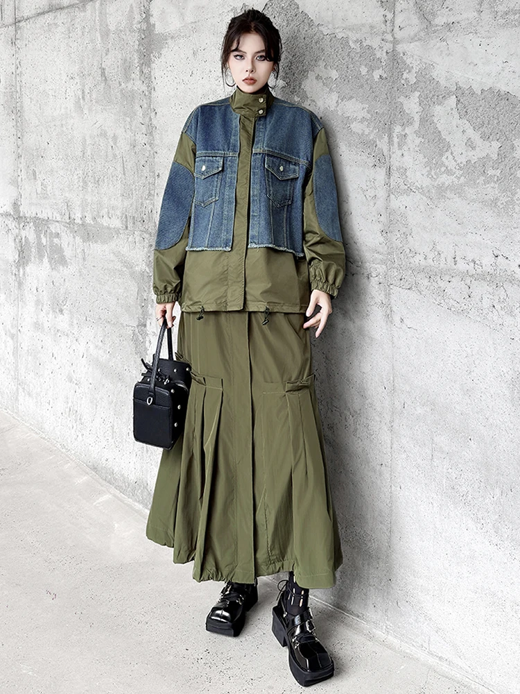 Denim Jacket Half-body Skirt Two Pieces Suit New Stand Collar Long Sleeve Women Fashion Tide Spring Autumn