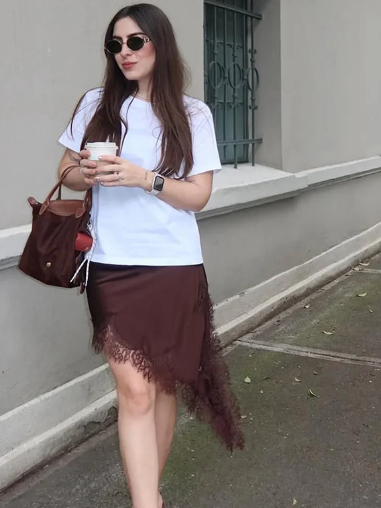 

Women Brown Sexy Lace Patchwork Irregular Skirt Chic Solid Waist Cinching Mid-length Loose Bottom Lady 2025 Daily Street Wear
