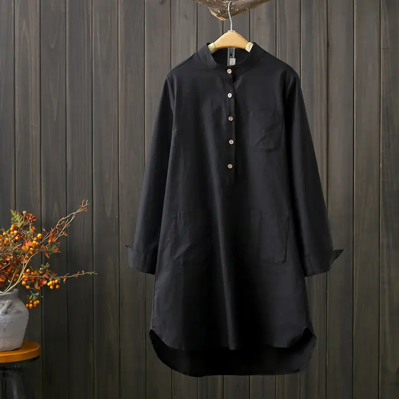 Cotton Shirts Womens 2022 Autumn Fall Stand Collar Loose Linen Blouse Female Front Pockets Solid Color Long Sleeve Tops Women