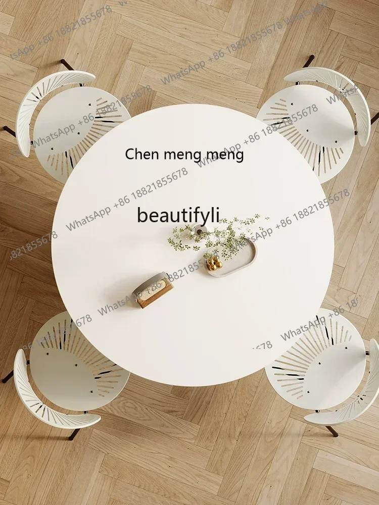 200302Cream Style Pure White Stone Plate round French Dining Table Light Luxury Dining Table Modern Minimalist Negotiating round