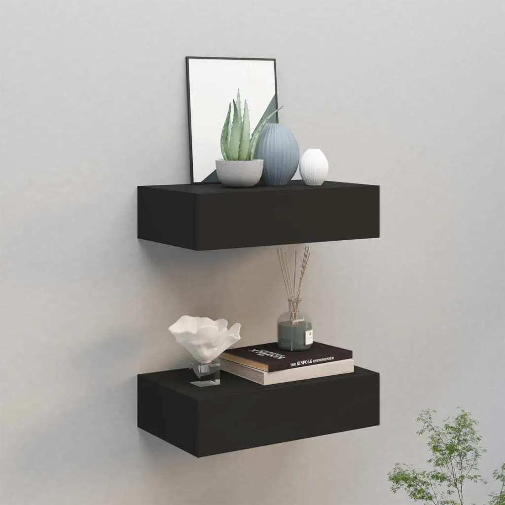 Set of 2 Wall-Mounted Black Drawer Shelves, 40x23.5x10cm, Durable MDF Storage Solution