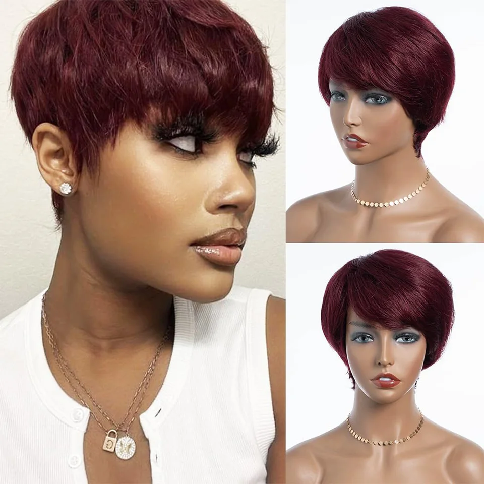 

Brazilian Straight Human Hair Wig With Bang 99J Colored Short Bob Pixie Cut Wigs For Black Women Glueless Cheap Hair Wig Allure