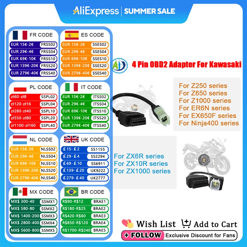 

4Pin OBD2 Adapter For Kawasaki Z250 Z650 Z1000 ER6N EX650F Ninja400 ZX6R ZX10R ZX1000 Motorcycle OBD Diagnostic Connector Cable