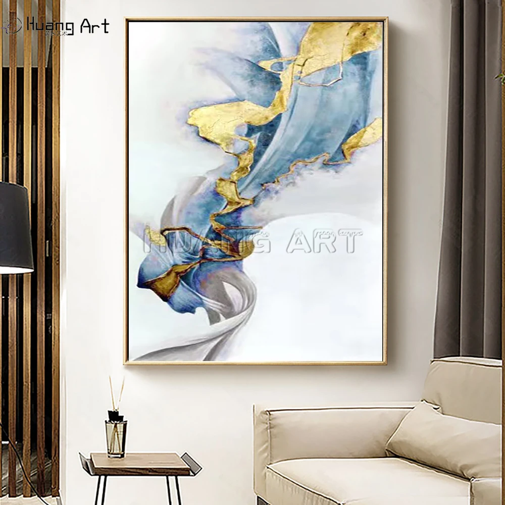 Hand-Painted Gold Abstract Lines Oil Painting on Canvas Modern Foil Gold Wall Painting for Room Decor Green Landscape Picture