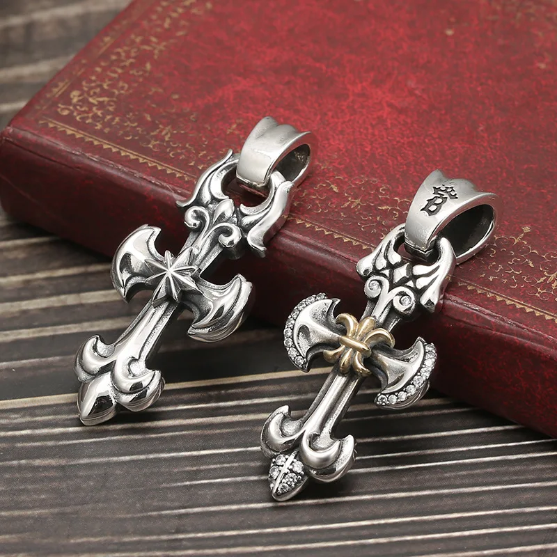 S925 sterling silver anchor style cross necklace men's fashion retro personalized pendant ornament hip hop punk couple style