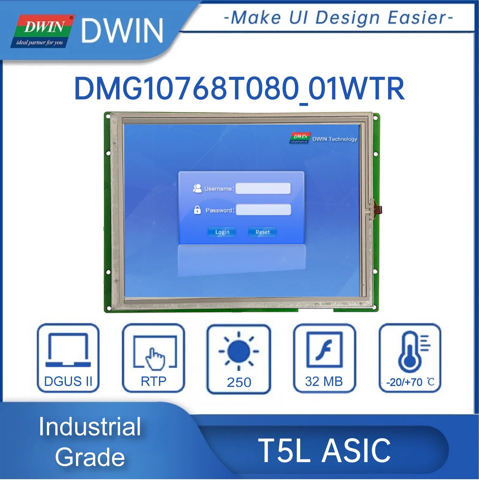 8 Inch 1024*768 Pixels Resolution 16.7M Colors HMI IPS TFT LCD Display Screen Lcd Modules Touch Panel DMG10768T080_01W