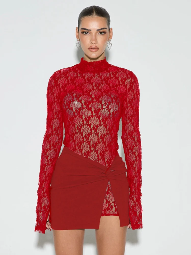 Elegante sexy kanten uitsnijding jurk dames effen o-hals lange mouw korte jurken split minirok 2-delige set 2025 feestoutfits