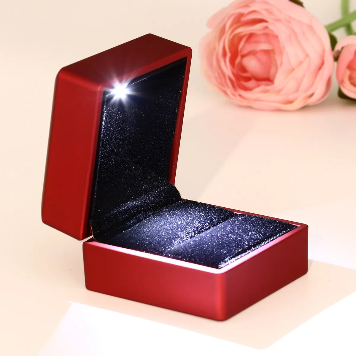 Premium LED Ring Box Chic Jewelry Display Case with Built-in Light for Engagement Wedding Ring Gift Presentation Red