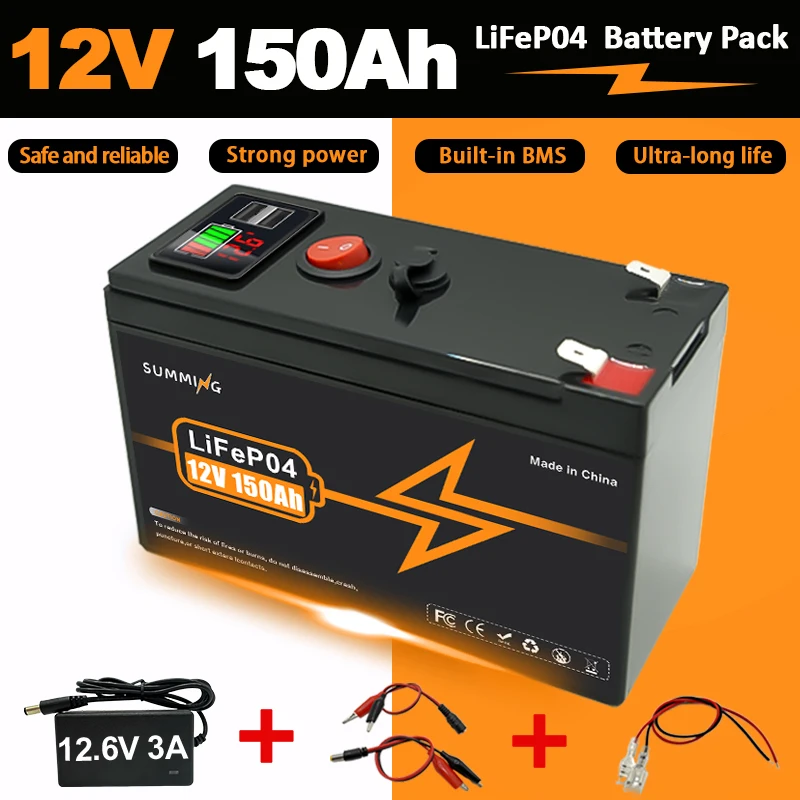 

Литиевая батарея LiFeP04 12 В, 150 Ач для солнечной зарядки, рыболокатор, морской открытый кемпинг, автономное применение с USB-портом