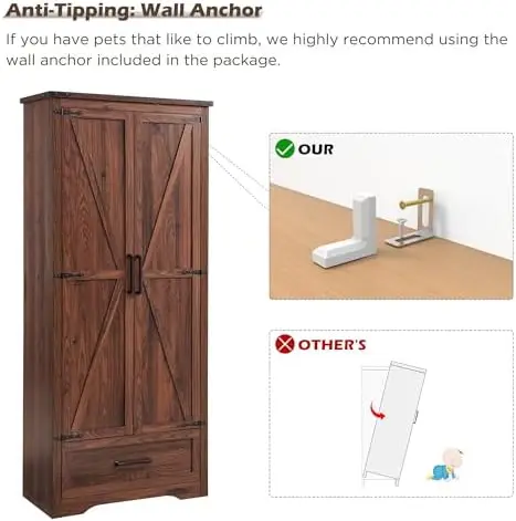 خزانة تخزين خشبية طويلة 72 بوصة، مخزن المزرعة مع أرفف قابلة للتعديل، درج وأبواب الحظيرة، بني