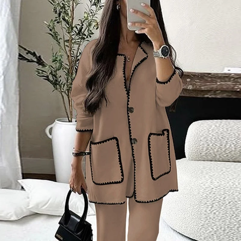 Shirt And Blouses Cardigan Coat Luxury 2-Piece Pocket Set Straight Long Pant Casual Elegant Women Clothing Autumn Hepburn Suit