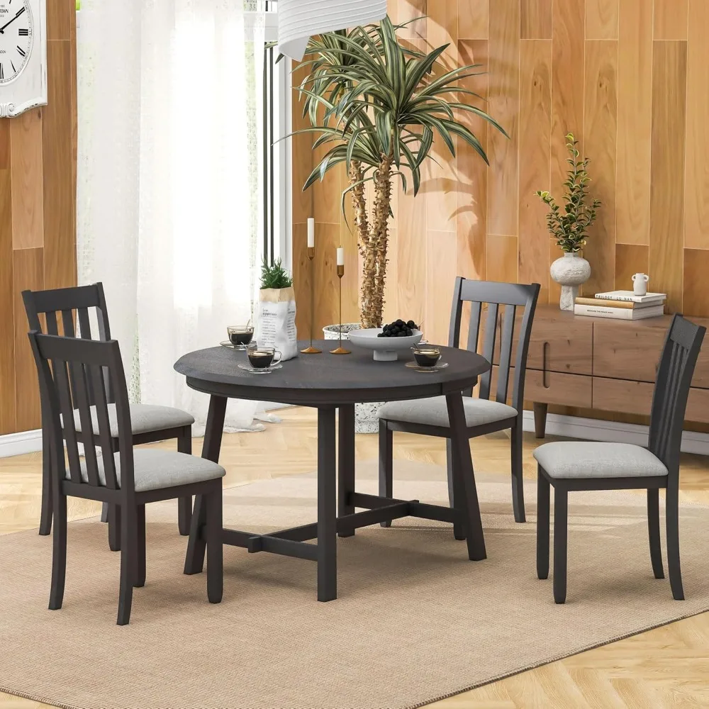 

5 Piece Dining Table Set for 4 Round Extendable Dining Table W/ 4 Chairs Farmhouse Dining Room Table and Chairs Set