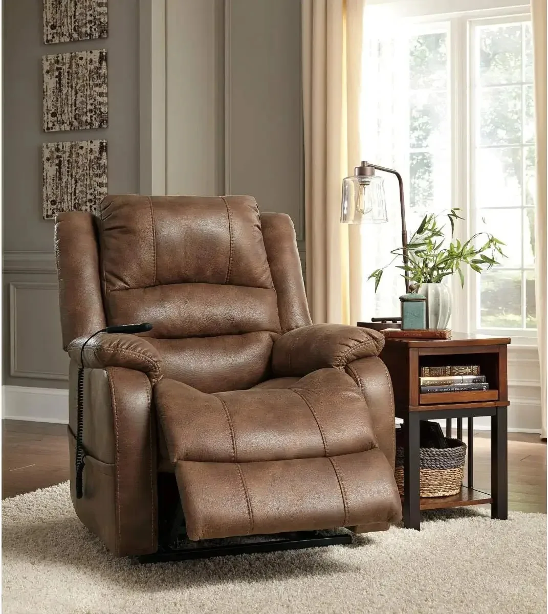 Signature Design by Ashley Yandel Faux Leather Electric Power Lift Recliner for Elderly, Brown