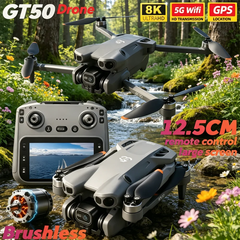 

2026 NEW GT50 PRO Drone 8K Professional HD Dual Camera Brushless Quadcopter Aerial Screen Remote Control Aircraft Portable Drone