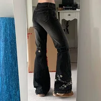 Floral Embroidery Jeans Vintage 2000s Low Rise Flared Jeans Women Retro Y2k Baggy Denim Pants High Street Basic Trousers - Image 3