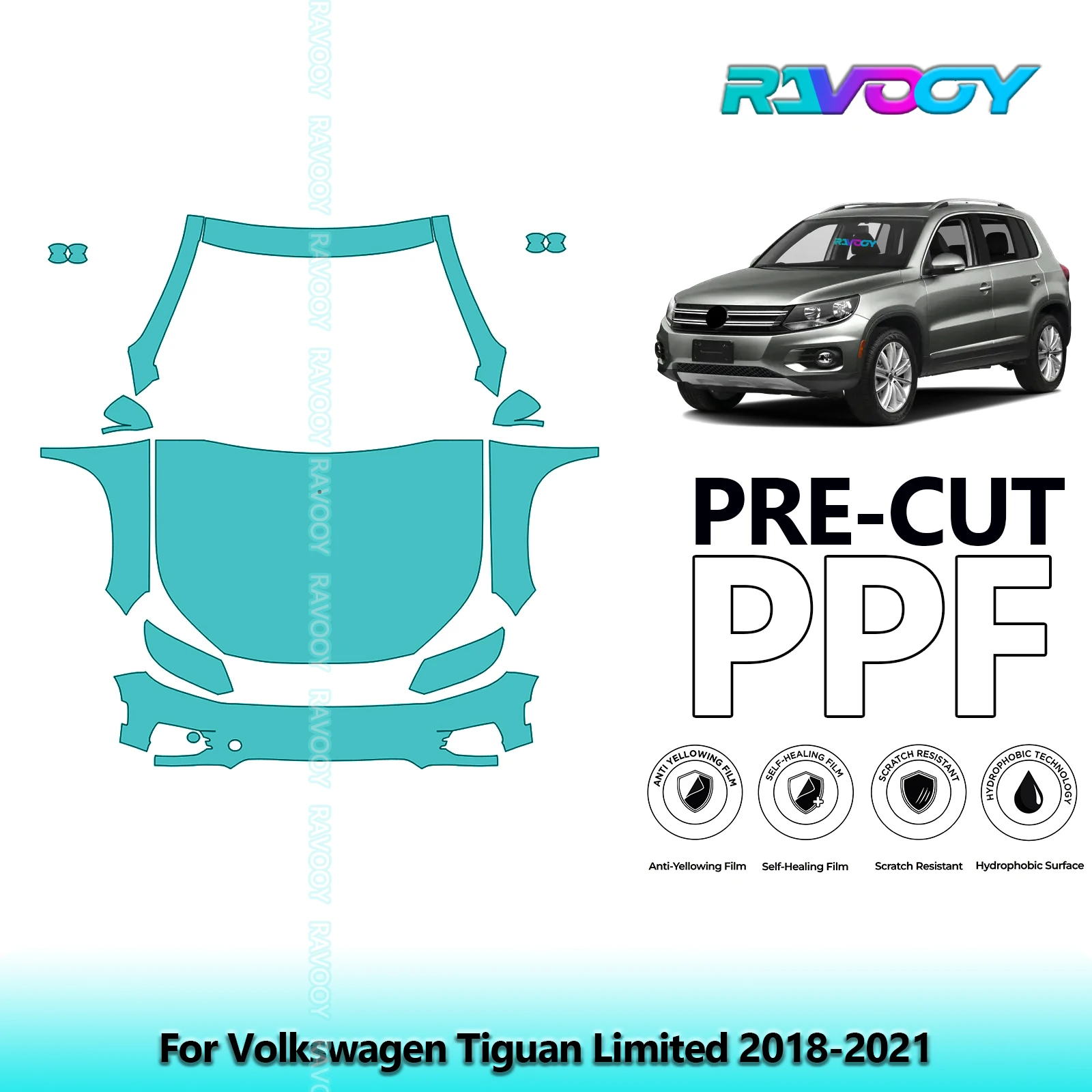 RAVOOY Custom-Fit Precut TPU PPF Front Kit Clear Bra Stone Guard EU UK For Volkswagen Tiguan Limited 2018-2021