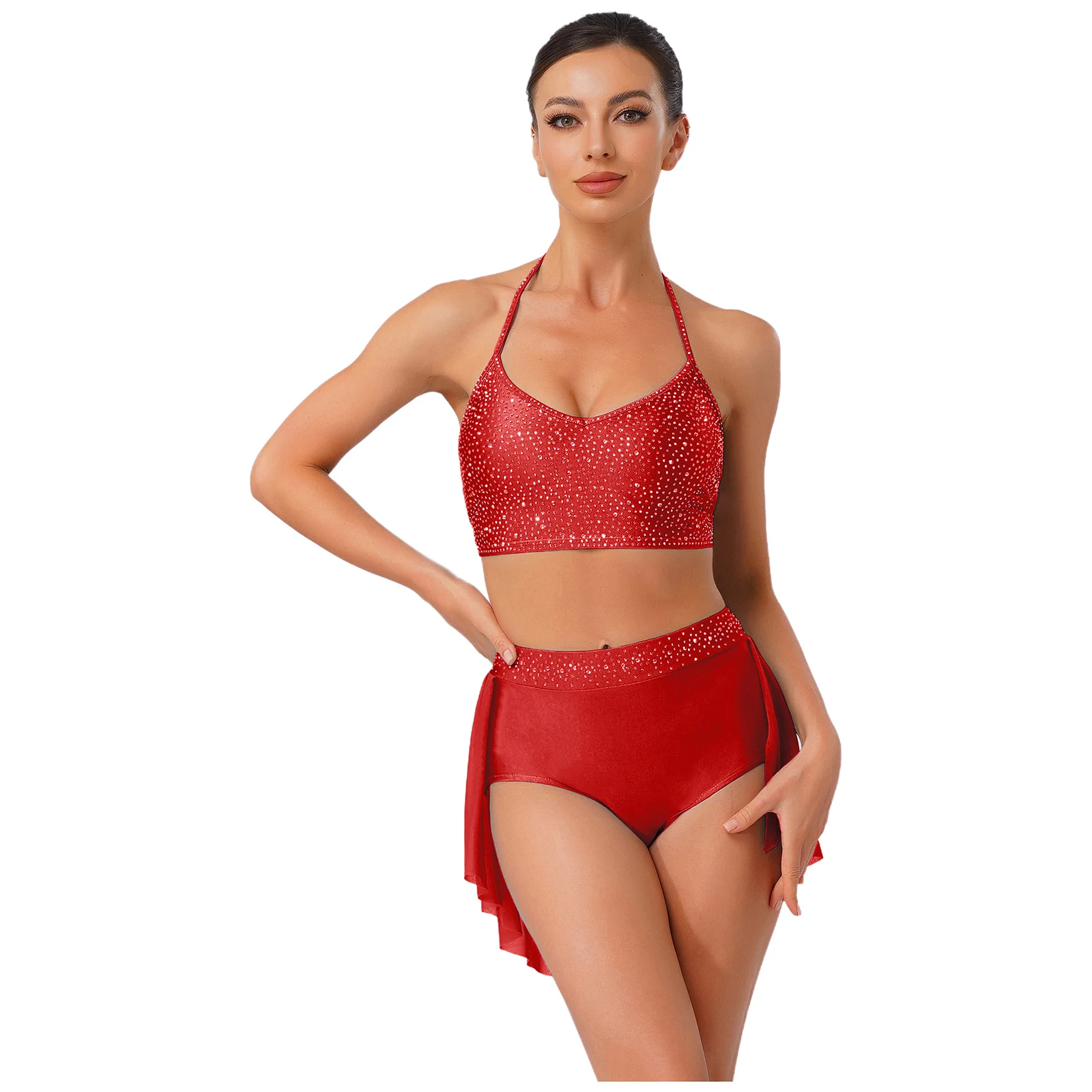 

Elegant Women Figure Skating Dance Outfit V Neck Backless Camisole Top with High Waist Shorts Glitter Rhinestone Belly Dancewear