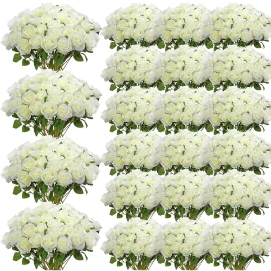 

Bridal wedding bouquet decoration: 500 pcs white artificial silk roses with long stems, realistic floral bulk for garden, home,