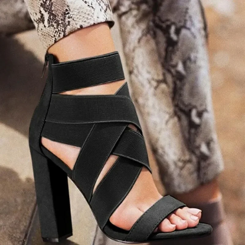 Women Sandals Stretch Fabric Slip on ZIP Thick Heel High Heels Round Toe Shallow Sandal Women Shoes 2020 Size 35-42 Black