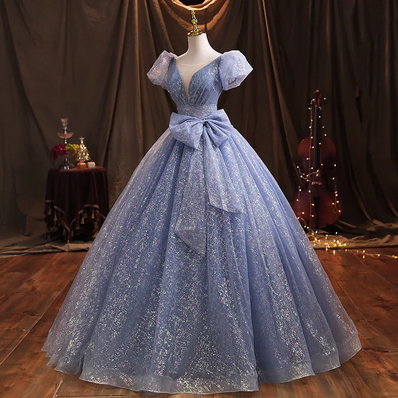 Real Photos Blue Puff Sleeves Glitter Sweet 16 Dress Quinceanera Dress Bow Bling Bling Prom Pageant Dress Girl Evening Ball Gown