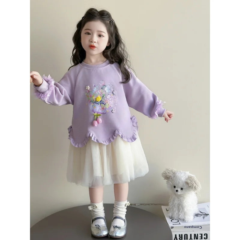 

Girls' Dress Spring and Autumn Outfit2025New style children's trendy cartoon print sweatshirt dress little girl princess dress