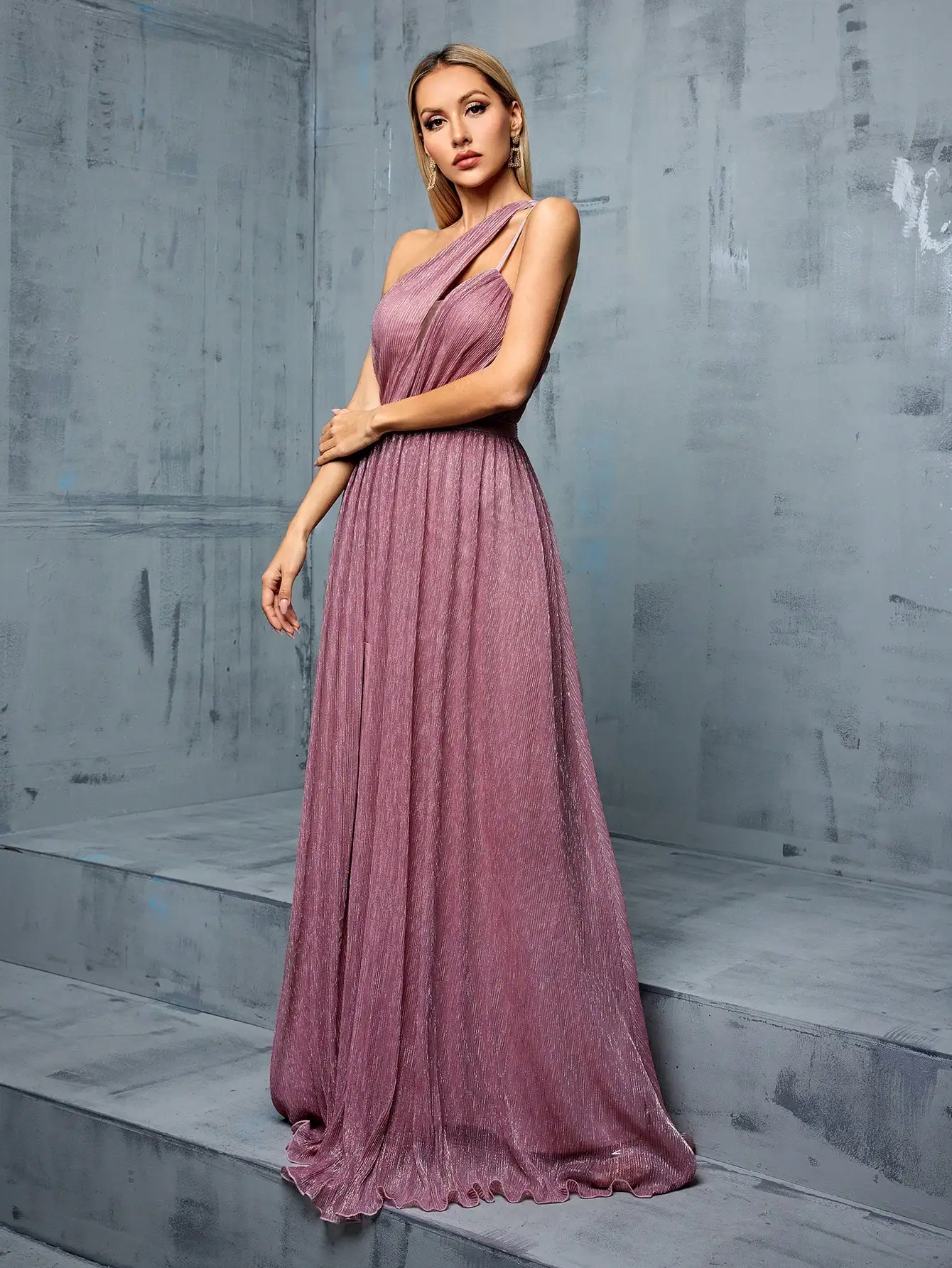 Mgiacy One shoulder asymmetrical deep V-neck pleated slit A full skirt Evening gown PROM dress Party dress