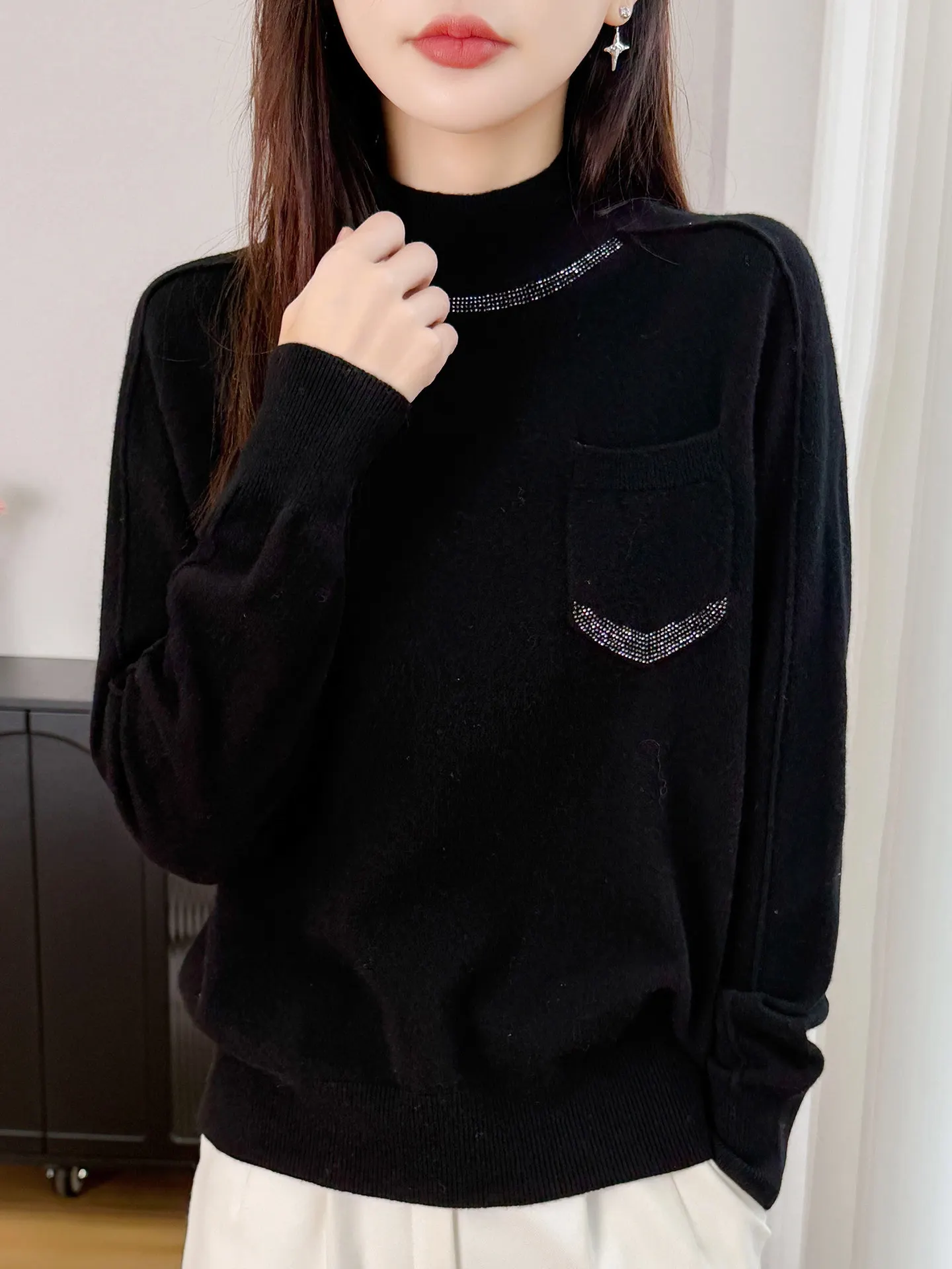 

Casual Loose Women's Knitted Sweater f High Collar Bla Diamond Decorated Slim Fit Base Layer Autumn Winter Knitwear