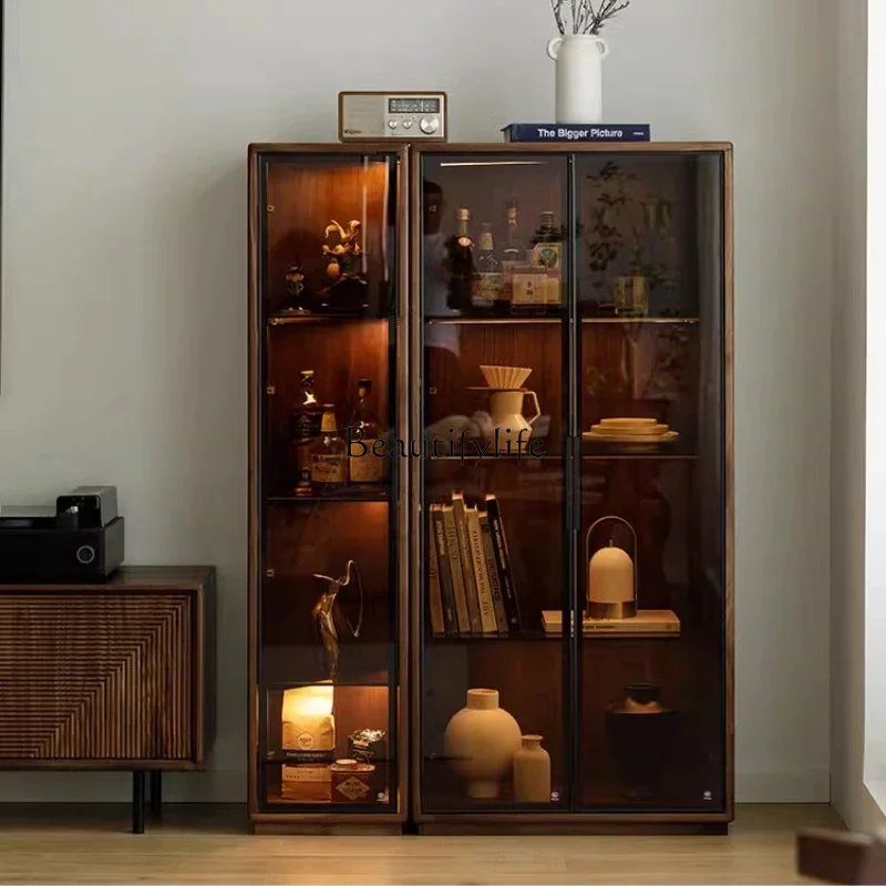 

FG6*Black walnut glass living room bookcase TV cabinet floor-to-ceiling stainless steel